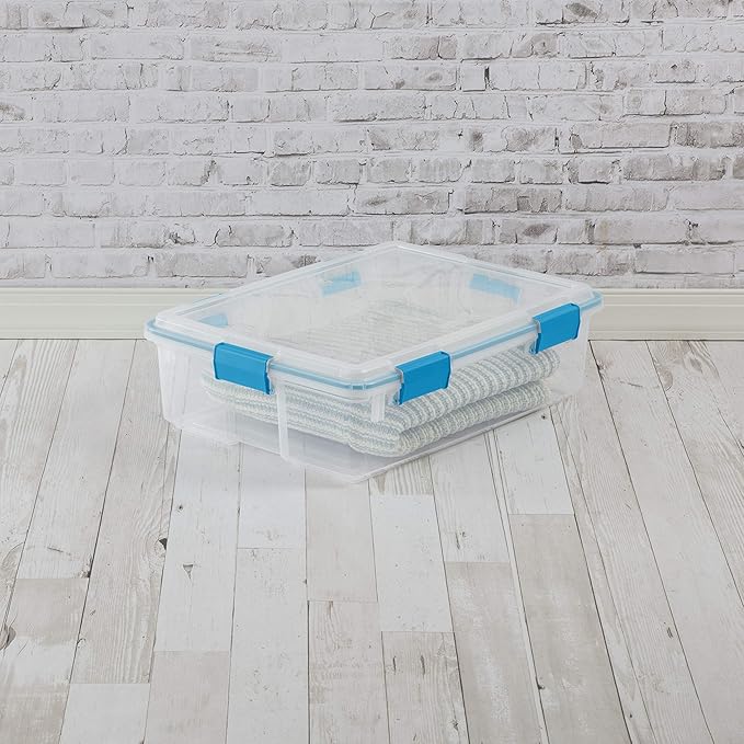 Sterilite 37 Qt Gasket Box Stackable Storage Bin with Latching Lid and Tight Seal Plastic Container to Organize Underbed Clear Base and Lid 4-Pack