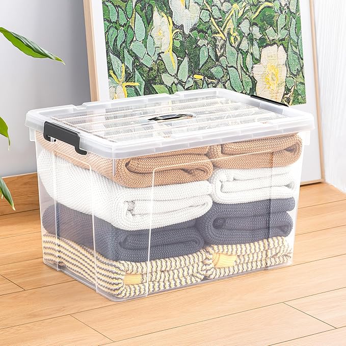 Cetomo Lidded Storage Bin with Handle Tote Organizing Container with Wheels Lid and Secure Latching Buckles Stackable and Nestable Plastic 95 Quart-6 Pack Clear