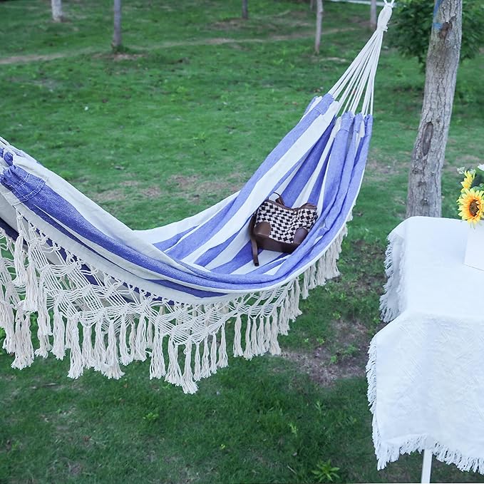 Boho Macrame Hammock with Elegant Tassels for Patio Yard Beach Wedding Decor Outdoor and Indoor Up to 450lbs Include Tie Ropes and Drawstring Bag