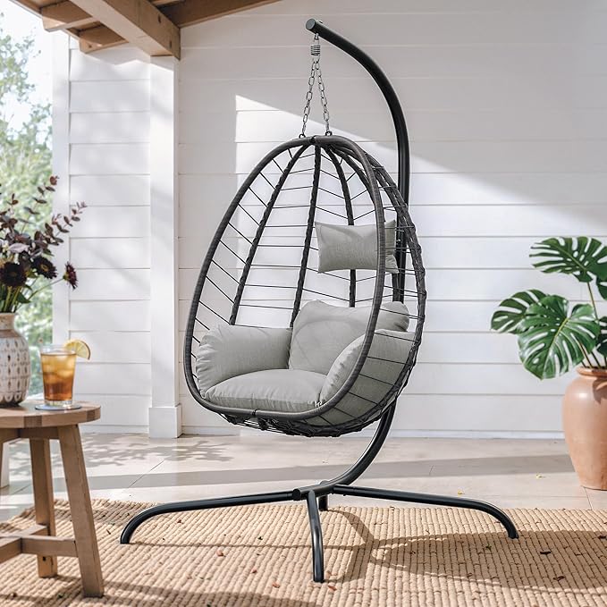 ALAULM Foldable Egg Chair with Stand 485LBS Capacity Wicker Rattan Hammock Swing Chair for Outdoor &amp Indoor Hanging Chair with Strong Frame &amp UV Resistant Cushion for Balcony Bedroom Cream