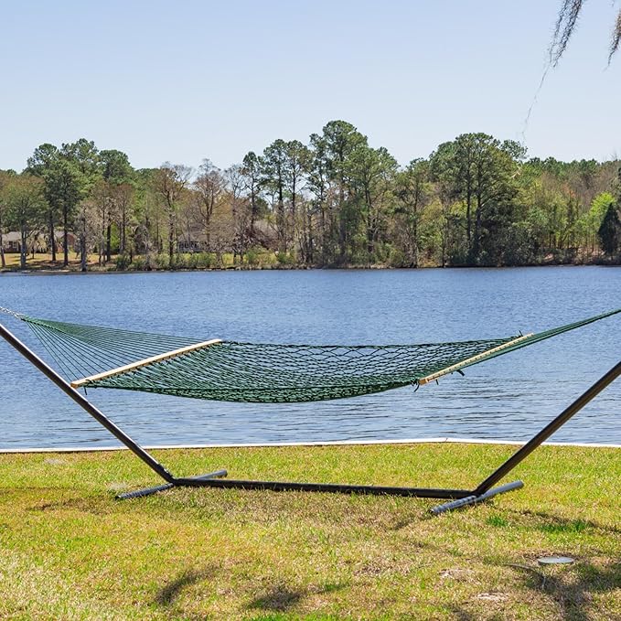 Castaway Living 13 ft. Double Traditional Hand Woven Green Polyester Rope Hammock – 2-Person 450 lb Capacity Free Extension Chains &amp Tree Hooks Designed in The USA