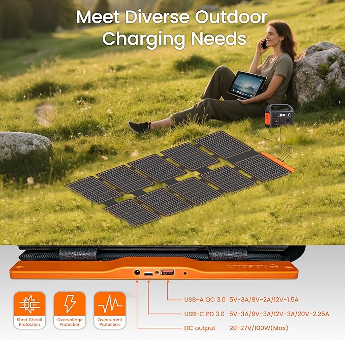 FlexSolar 100W Portable Solar Panels Chargers with PD3.0 USB-CQC3.0 USB-A and DC Outputs Foldable IP67 Waterproof Power Emergency Camping for Small Power Station GeneratorPhones Power Banks