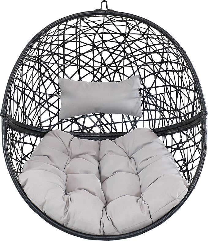 Sunnydaze Jackson Resin Wicker Hanging Egg Chair - 265-Pound Weight Capacity - Removable Gray Polyester Cushions