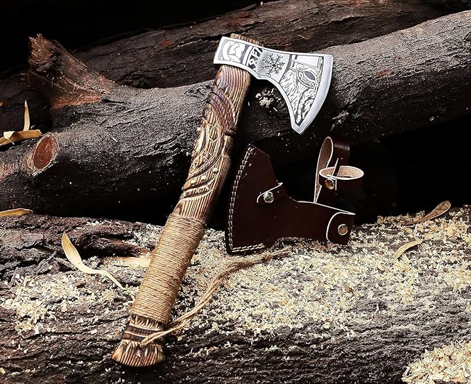 Viking Axe | Hand-Forged Carbon Steel Tomahawk with Rosewood Handle &amp Leather Sheath Bearded Axe for Camping Bushcraft Throwing Gifts for Men (Wood)