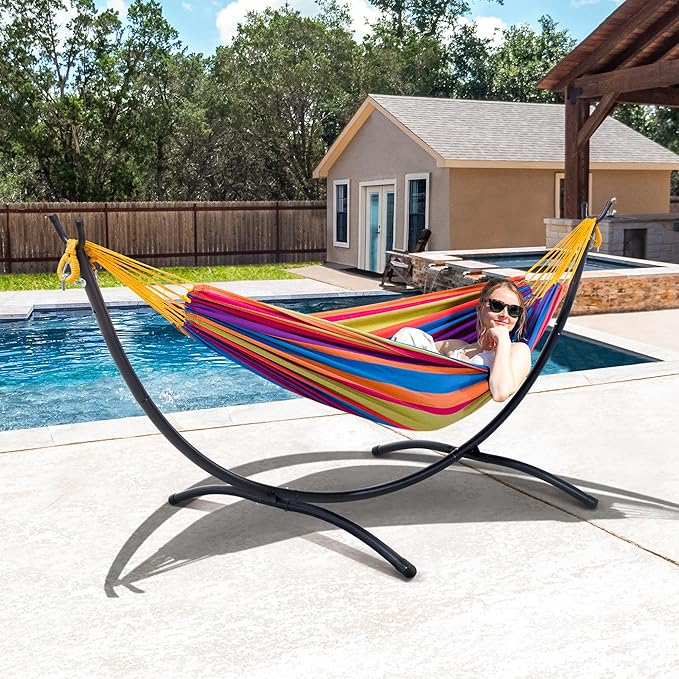 SUNCREAT Portable Large Hammock with Stand Two Person Hammock with Stand Included Rainbow Stripes