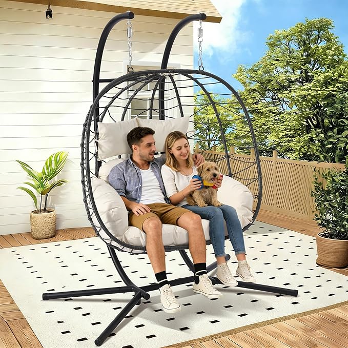 Double Egg Chair with Stand Foldable 2 Person Hanging Swing Chair with Cushion Wicker Rattan Hammock Swing Chair Indoor Outdoor Loveseat 650 LBS Capacity for Patio Bedroom Balcony Garden