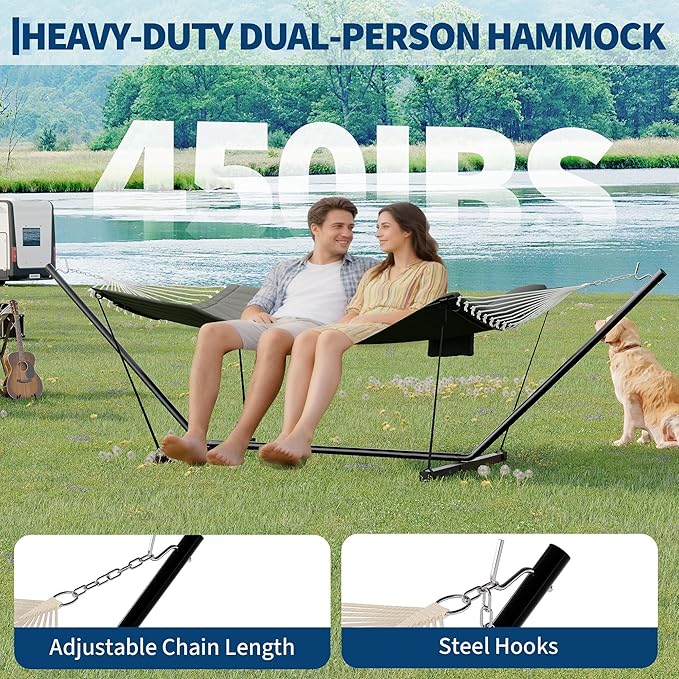 2 Person Double Hammock with Stand &amp Pillow 450 LBS Heavy Duty Outdoor Hammock with Balance Rope for Patio Backyard Poolside