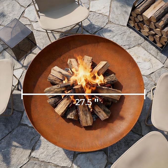KOL Fire Pit for Outside Wood Burning 27.5 Inch Round Firepit Bowl Outdoor and Patio Heavy-Duty Steel Bonfire Pit Oxidized Finish Free-Standing Camping Backyard Terrace