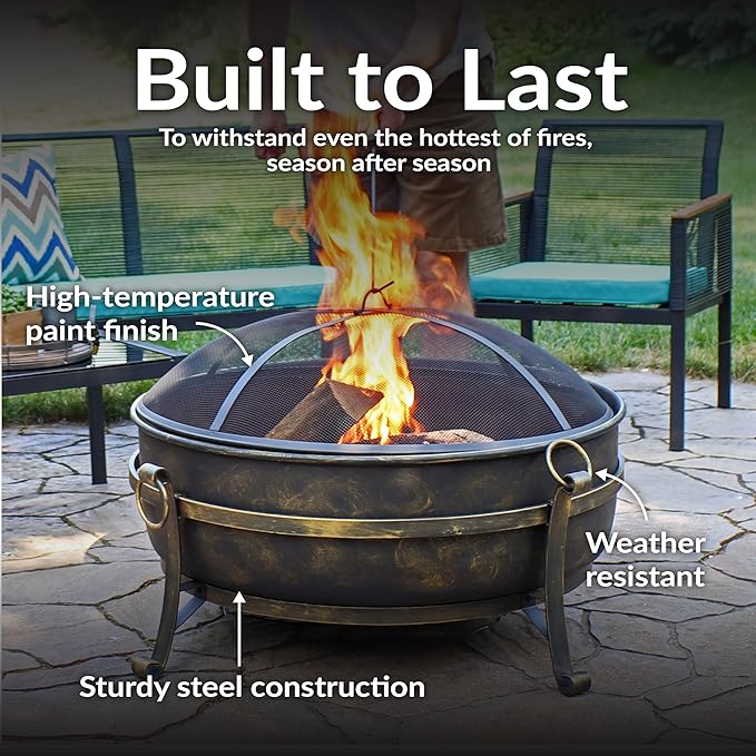 Sunnydaze 34-Inch Large Fire Pit for Outside - Wood-Burning Fire Pit Bowl for Outdoors with Spark Screen Log Poker and Grate
