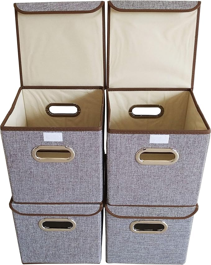 Storage Bin [Set of 4] Linen Fabric Foldable Container with Lid Collapsible Organizer Boxes Cubes - 10 x 10 x 10 Inches (Gray)