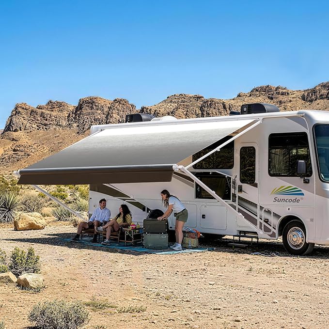 Suncode RV Awning for RVCamper&ampTravel Trailers–Manual RV Awning Complete KitManual Camper AwningRV Roll Out Awning– 10x8Ft – White Frame &ampBlack Fade