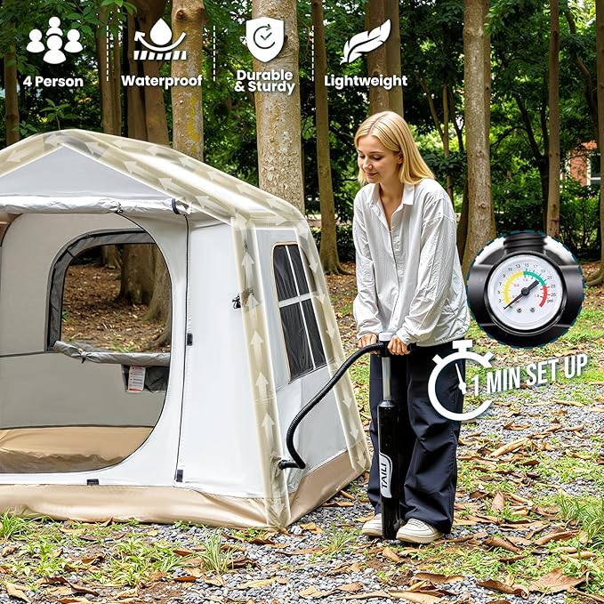 TAILI Inflatable Blow Up Tent for Camping with Hand Pump for 2/3/4/6 Person Easy Setup Outdoor Inflatable Oxford Waterproof Air Tent House for Family Camping Adult