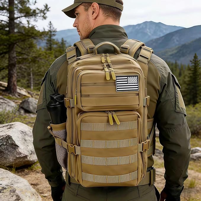 Tactical Military Backpack for Men &amp Women - Small Molle Assault Rucksack with Bottle Holder for EDC Hiking &amp Camping (Khaki-A)