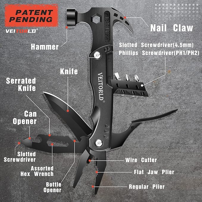 VEITORLD Gifts for Men Dad Him Fathers Day Unique Anniversary Birthday Gifts Idea for Men Him Husband Boyfriend All in One Tools Hammer Multitool Camping Hunting Hiking Presents Cool Gadgets