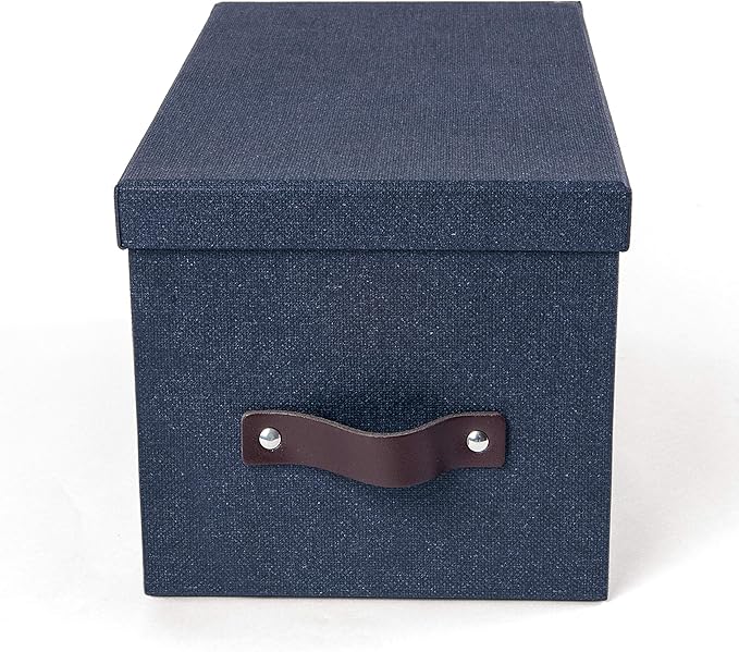 Bigso Box of Sweden Silvia Organizational Storage Box with Leather Handle for Shelves and Stacks Easily - Durable and Decorative Storage Boxes with Lids - 5.9 in x 6.5 in x 11.6 in - Blue