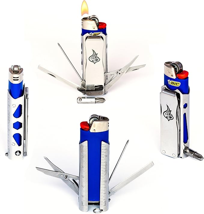 LighterBro Pro Lighter Sleeve - Multi-Tool - 420 Stainless Steel - Easily Fits Your Favorite Lighters - Includes Mini Pocket Knife Ruler Scissors Screwdriver Poker Key Ring &amp More (Black)