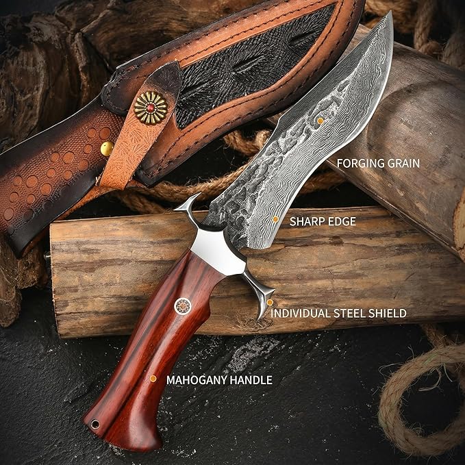 10.2 Fixed Blade Outdoor Hunting Knife Damascus Pattern 9Cr18 Stainless Steel Forged Blade with Hammered Finish Ergonomic Wood Handle &amp Embossed Leather Sheath Ideal for Camping Survival &amp