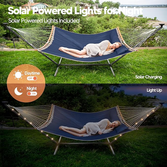 SUNCREAT Double Outdoor Hammock with 12 ft Stand Solar Powered Lights Portable 2 Person Hammock with Stand Dark Blue