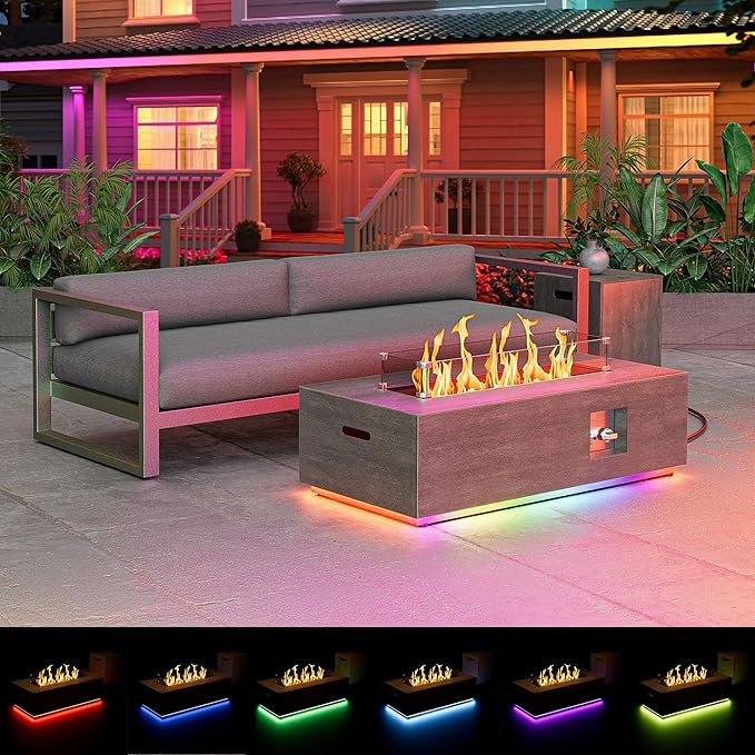2-Piece 42 LED Rectangular Propane Fire Pit for Outside Patio with Hidden Tank Table 50000 BTU Fireplaces with Glass Wind Guard Lid Glass Rocks Cover(Grey w/RGB Light)