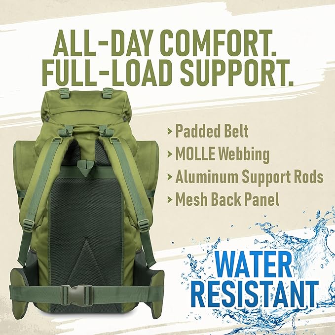 Boundless Performance 125L Rucksack Backpack for Men – Heavy Duty Metal Frame Camping Backpack with Detachable Daypack | Tactical Utility Outdoor Hiking &amp Multiday Travel Bag for Men-Olive Gree