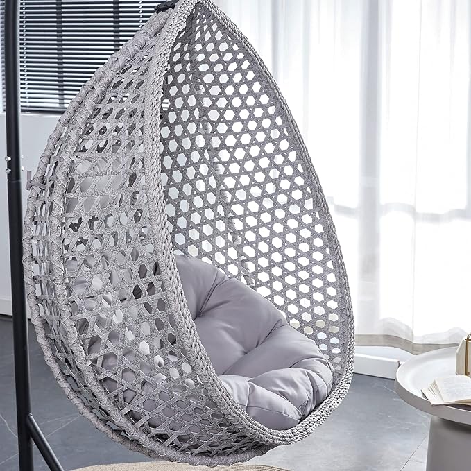 Hanging Egg Swing Chair with Stand Rattan Wicker Hanging Egg Chair Hammock Indoor with Cushions Swinging Chair for Bedroom Outdoor Patio Balcony Backyard Sunroom Heavy Duty 350LBS (Gray)