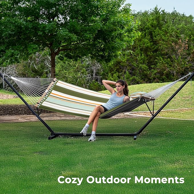 SUPERJARE Hammock with Stand 2 Person Quilted Outdoor Hammock Detachable Pillow &amp Bamboo Spreaders Portable Hammock with Carrying Bag Heavy Duty Stand Perfect for Outside Patio Retro Green