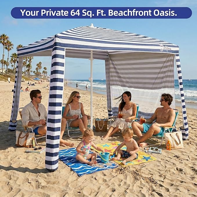 Jihfmo 8x8 Ft Large Beach Cabana Tent UPF 100+ Windproof Sun Shelter for Family - 64 Sq Ft Big Shade Canopy with Sand Anchors &amp Cooling Silver Glue Coating Easy Setup Portable Sunshade - Blue St