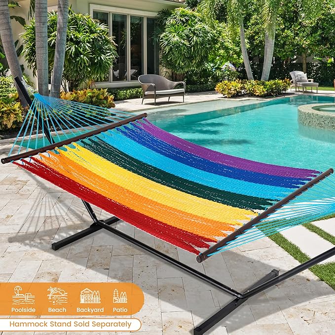 Lazy Daze Hammocks 10.5 FT Double 2 Person Caribbean Rope Hammock Hand Woven Polyester Hammock with Spreader Bars for Outside Outdoor Backyard Patio Poolside 450 LBS Capacity Rainbow