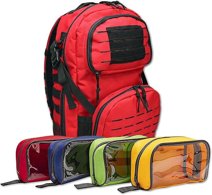 Lightning X Fully Stocked TacMed First Responder Trauma Medical Backpack EMT Kit | MB45-SKF | w/Professional First Aid Emergency Supplies (Red w/Hydration Bladder)