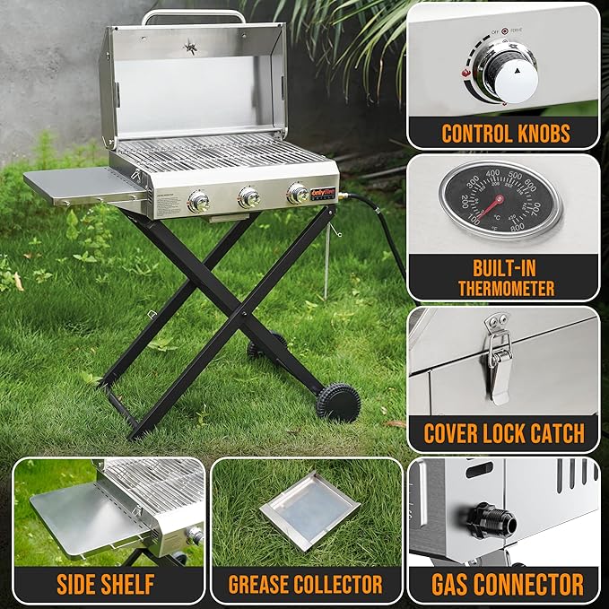BBQ Gas Grill 3-Burner with Foldable Cart &amp Side Table Premium Portable Propane Grill with 22 Cooking Grate for Outdoor Patio Backyard Barbecue Camping Tailgating RV Stainless Steel Classic GS