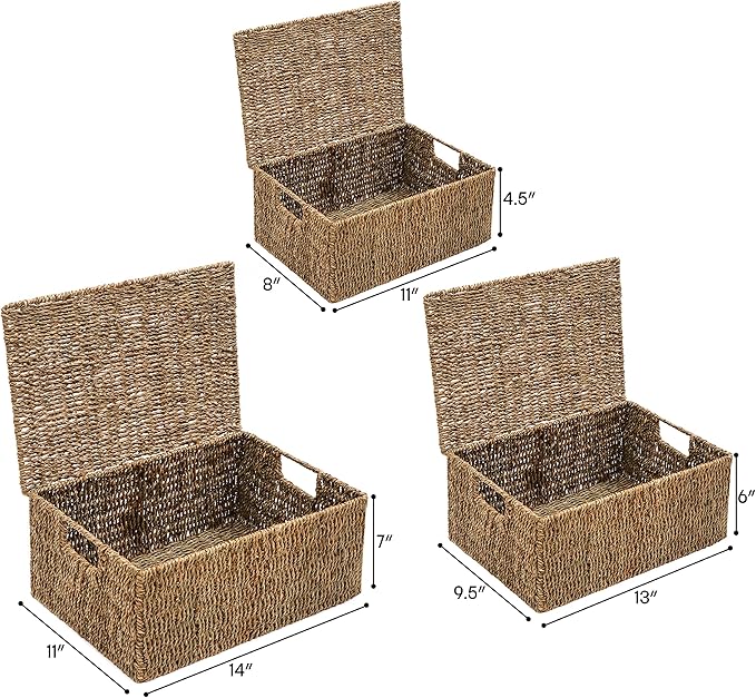 Trademark Innovations Set of 3 Rectangular Seagrass Baskets with Lids Natural (Small)