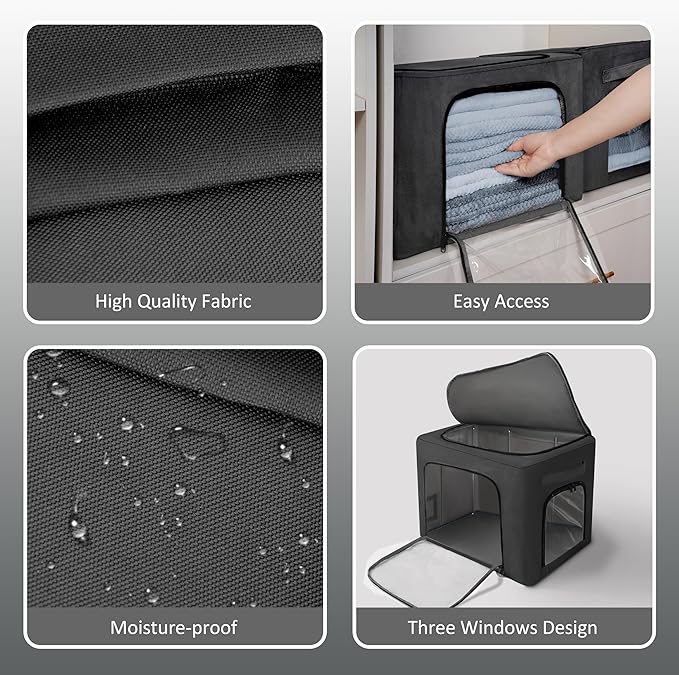 GuliPostan 3 Pack 40L Stackable Clothes Storage Bins with Metal Frame Handles &amp Zipper Collapsible Closet Organizer Box with Lid for Bedding Blankets Towel (Black)