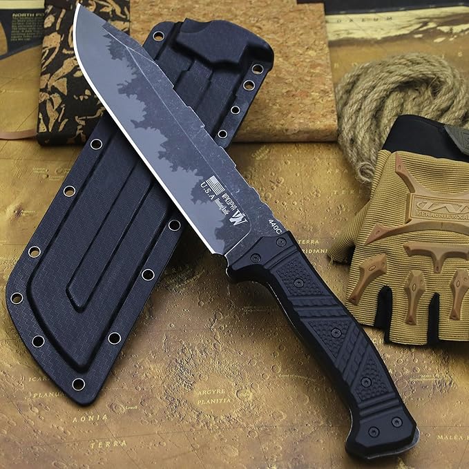 WPKOPYA Full Tang Outdoor Knife – 440C Stainless Steel Blade 6mm Thick 14.8in Overall Nylon Fiber Handle &amp Sheath Camping Hunting Survival Tool (black)