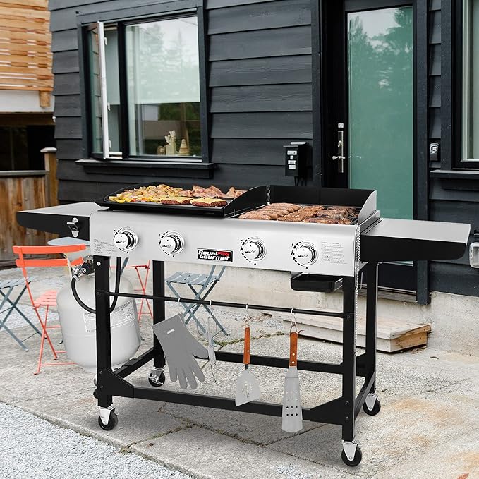 Royal Gourmet GD401 Portable Propane Gas Grill and Griddle Combo with Side Table | 4-Burner Folding LegsVersatile Outdoor | Black 66 Inch