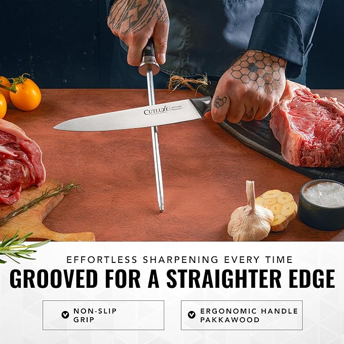 Cutluxe Honing Rod Professional Knife Sharpener Rod – 10 Honing Steel – Ergonomic Handle Design Grilling Gifts for Men – Artisan Series