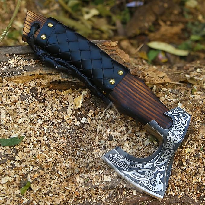 13 Custom Handmade Carbon Steel Real Viking Axe Hatchet Throwing and Camping Axe Birthday Gift for him Leather Wrapped Handle and Leather Sheath (FM 25)