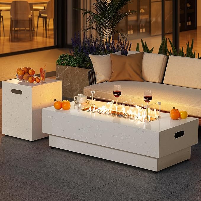 IRONCK 50-Inch Outdoor Propane Fire Pit Table w Tank Table CSA Certified Rectangular Patio Fire Pit w Glass Rocks Wind Guard and Cover 58000 BTU 2 in 1 Outdoor Heater for Deck Garden White
