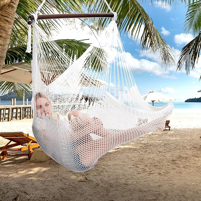 Large Caribbean Hammock Chair - 48 Inch - Polyester - Hanging Chair - White
