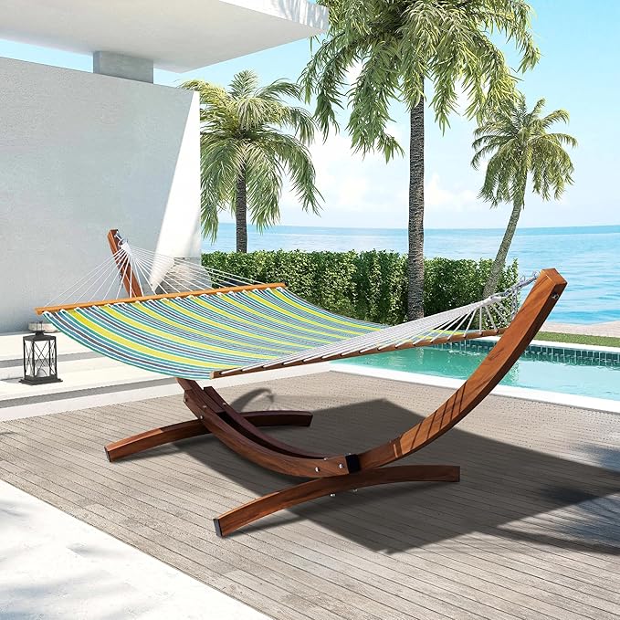 Lazy Daze Hammocks 12 FT 2 Person Double Quick Dry Textilene Hammock with Curved Steel Heavy Duty Stand for Outside Backyard Patio 450 Lbs Capacity Green Stripes