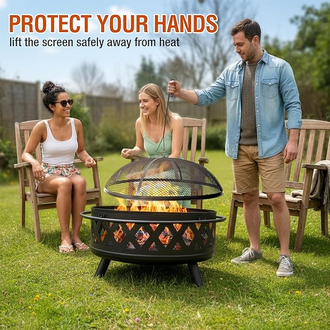 36 Inch Heavy Duty Steel Fire Pit Outdoor Wood Burning Fire Pits with Mesh Spark Screen and Poker for Camping Heating