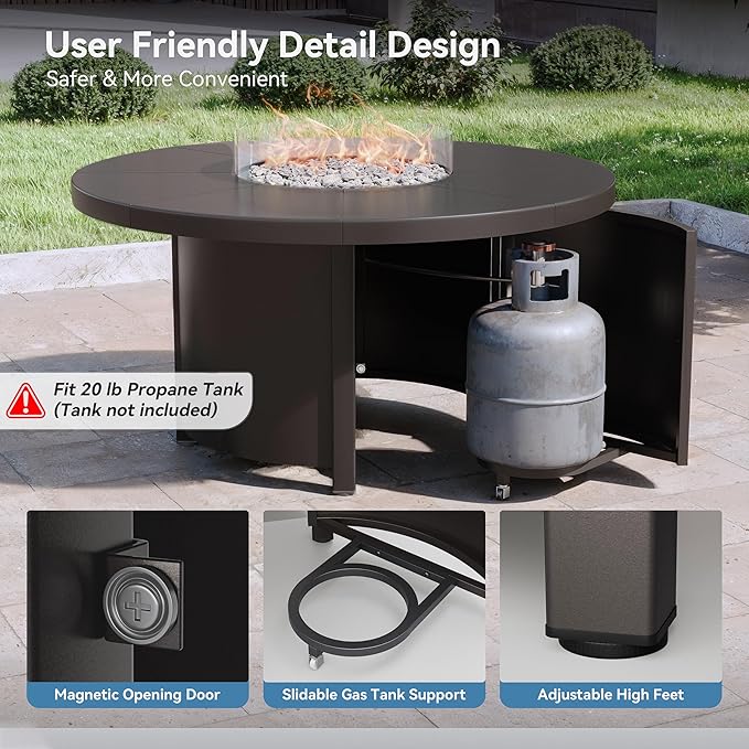 7 Piece Metal Outdoor Patio Furniture Set with 48/55000 BTU Round Fire Pit TableOutdoor Dining Table Set 6 Swivel Chairs No-Slip Cushions and Waterproof CoversNavy