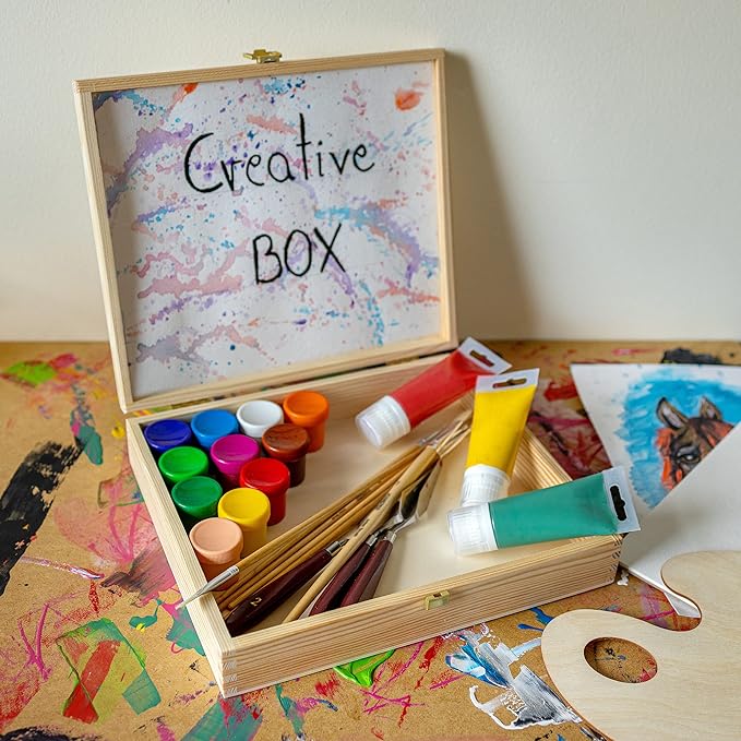Creative Deco Wooden Storage Box Unpainted Plain | 11.41 x 9.84 x 2.55 in | Golden Latch &amp Lid | Perfect for Storing Valuables &amp Small Items in the Office or Bedroom | Keepsake Memory Trinket