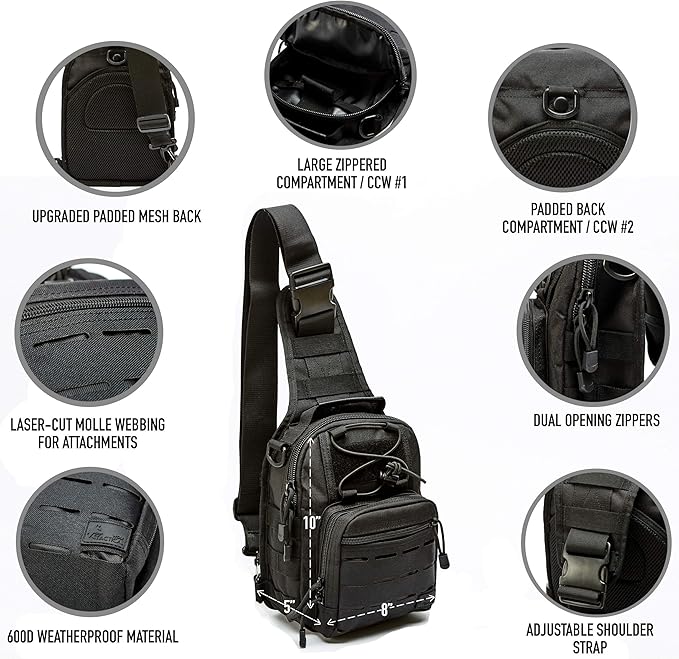 WOLF TACTICAL Compact EDC Sling Bag - Concealed Carry Shoulder Bag for Range Travel Hiking Outdoor Sports