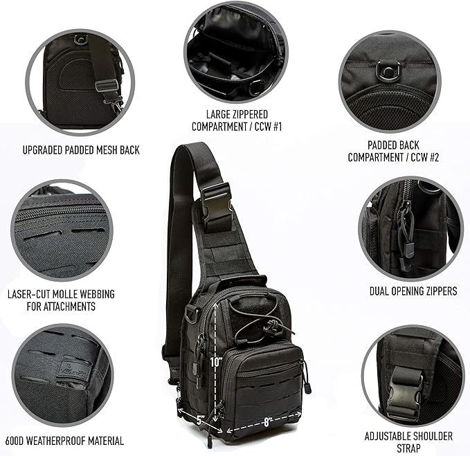 WOLF TACTICAL Compact EDC Sling Bag - Concealed Carry Shoulder Bag for Range Travel Hiking Outdoor Sports
