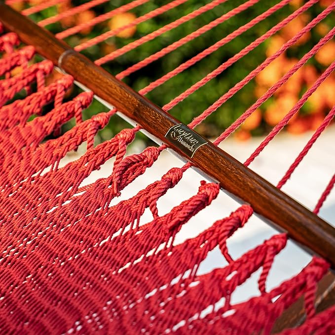 Lazy Daze Hammocks 10.5 FT Double 2 Person Caribbean Rope Hammock Hand Woven Polyester Hammock with Spreader Bars for Outside Outdoor Backyard Patio Poolside 450 LBS Capacity Red