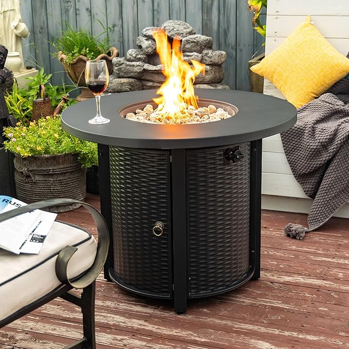 32'' Round Gas Fire Pit 50000 BTU Steel Outdoor Fire Tables Fire Table with Lid Add Warmth &amp Ambience to Gatherings and Parties On Patio Deck Garden Backyard Black.