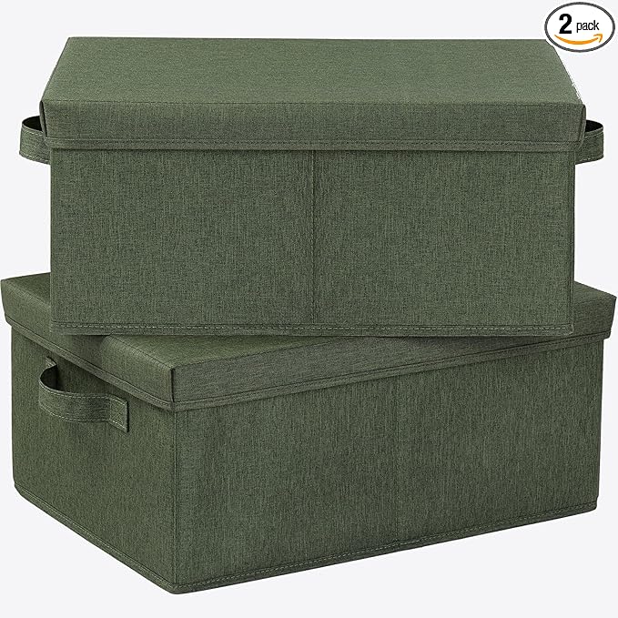 HOONEX Storage Bins with Lids for Organizing Pack of 2 Storage Boxes with 2 Carrying Handles and Sturdy Heavy Cardboard 16.5 L x 11.8 W x 7.5 H for Shoes Books Clothes Olive