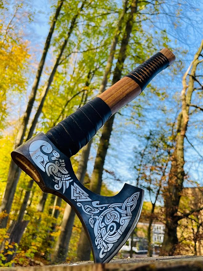 Viking Axe – Hand Forged Carbon Steel Blade with Ashwood Handle | Norse Hatchet for Camping Hunting Axe Throwing | Perfect Viking Gift for Men