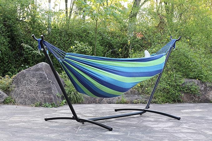 9Ft Portable Solid Steel Heavy Duty Stand Hammock with Carrying Case 2 Person Large Durable and Stable Best Hammock Stands for Indoor or Outdoor Backyard Decor Bed Patio Lawn Garde - Blue 300 Lb