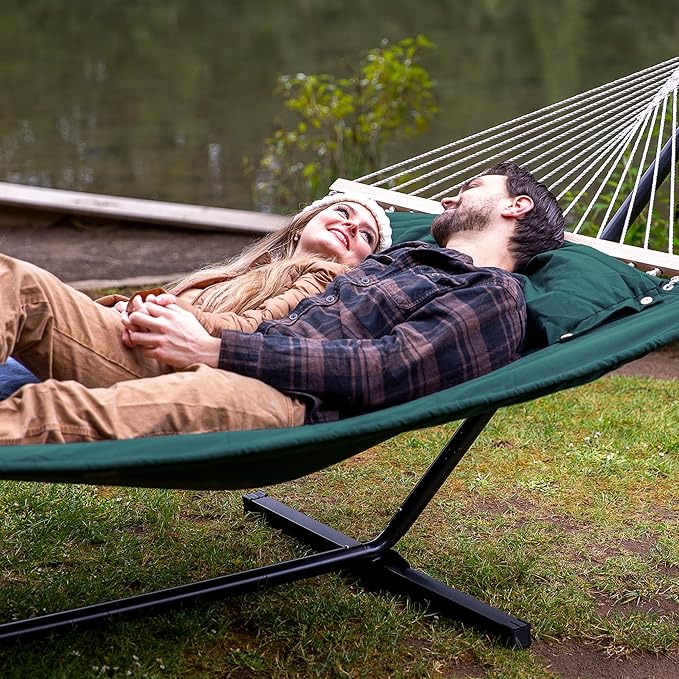 SUNCREAT Hammocks Extra Large Double Hammock with 12 ft Stand for Outside 475lbs Capacity Outdoor Portable Hammock with Hardwood Spreader Bar Extra Large Pillow Dark Green